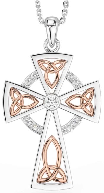 Diamond Rose Gold Silver Celtic Cross Necklace