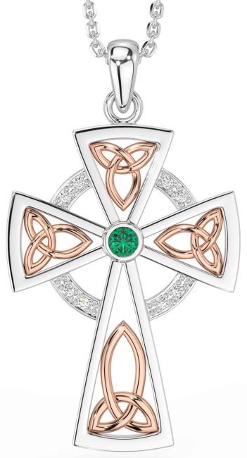 Diamond Emerald Rose Gold Silver Celtic Cross Necklace