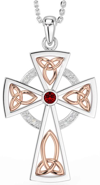 Diamond Garnet Rose Gold Silver Celtic Cross Necklace