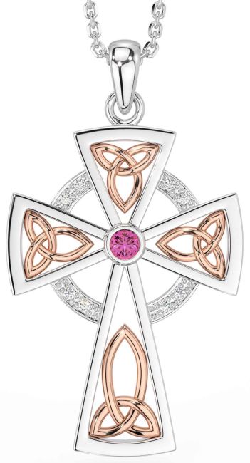 Diamond Pink Tourmaline Rose Gold Silver Celtic Cross Necklace