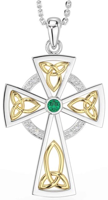 Diamond Emerald Gold Silver Celtic Cross Necklace