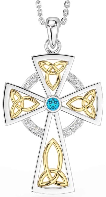 Diamond Topaz Gold Silver Celtic Cross Necklace