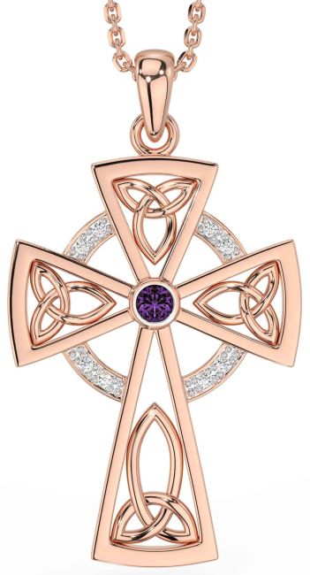 Diamond Alexandrite Rose Gold Silver Celtic Cross Necklace