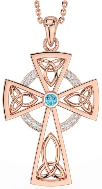 Diamond Aquamarine Rose Gold Celtic Cross Necklace