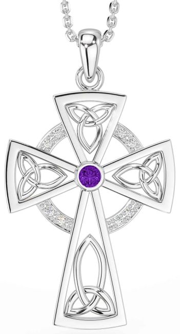 Diamond Amethyst Silver Celtic Cross Necklace