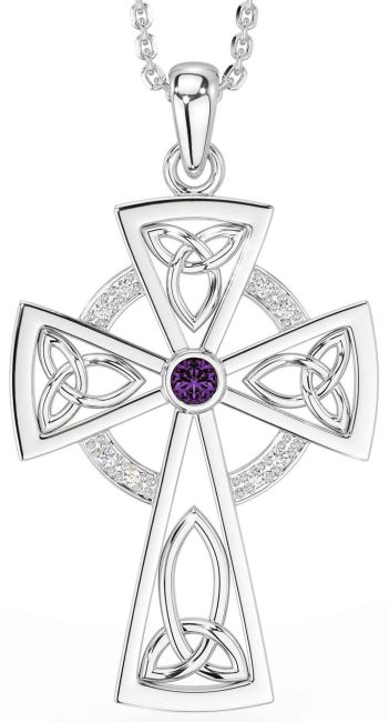 Diamond Alexandrite Silver Celtic Cross Necklace