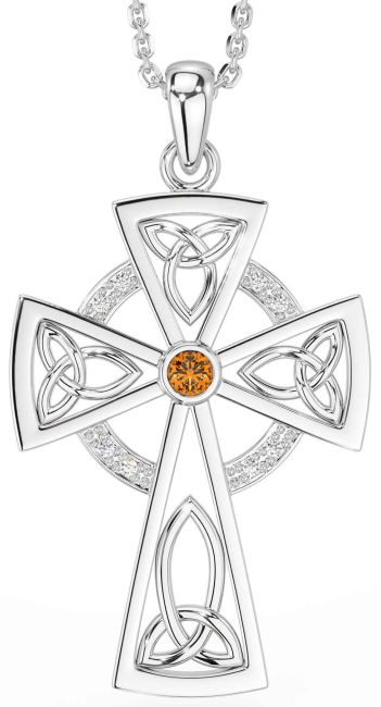 Diamond Citrine Silver Celtic Cross Necklace