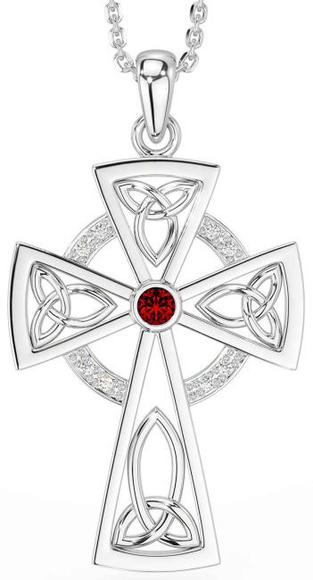 Diamond Garnet Silver Celtic Cross Necklace