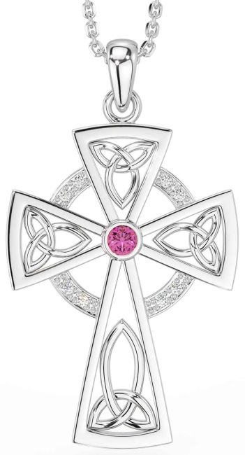 Diamond Pink Tourmaline Silver Celtic Cross Necklace