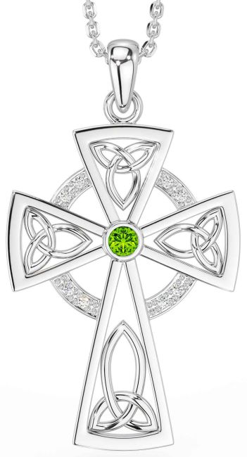 Diamond Peridot Silver Celtic Cross Necklace