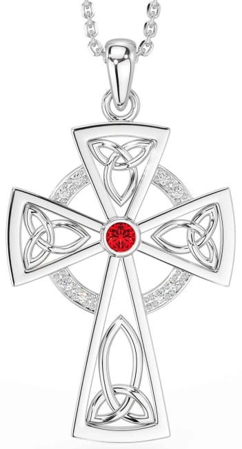Diamond Ruby Silver Celtic Cross Necklace