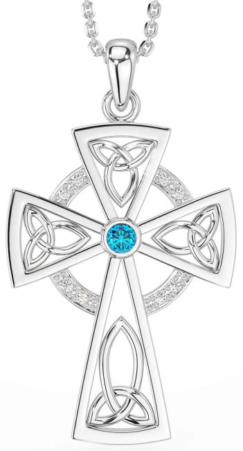 Diamond Topaz Silver Celtic Cross Necklace