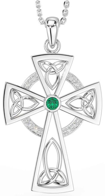 Diamond Emerald White Gold Celtic Cross Necklace
