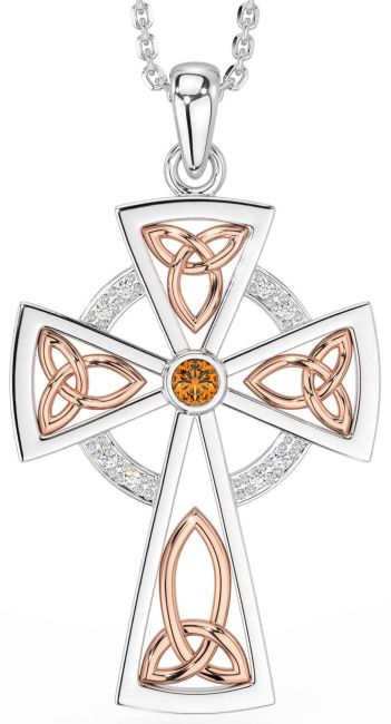 Diamond Citrine White Rose Gold Celtic Cross Necklace