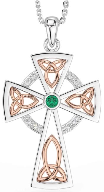 Diamond Emerald White Rose Gold Celtic Cross Necklace