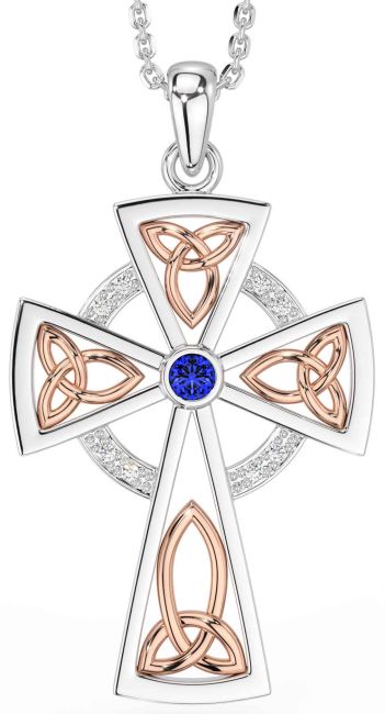 Diamond Sapphire White Rose Gold Celtic Cross Necklace
