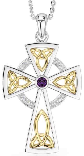 Diamond Alexandrite White Yellow Gold Celtic Cross Necklace