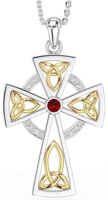 Diamond Garnet White Yellow Gold Celtic Cross Necklace