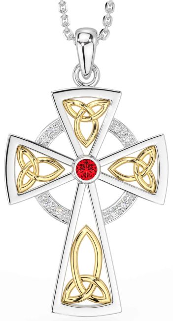 Diamond Ruby White Yellow Gold Celtic Cross Necklace