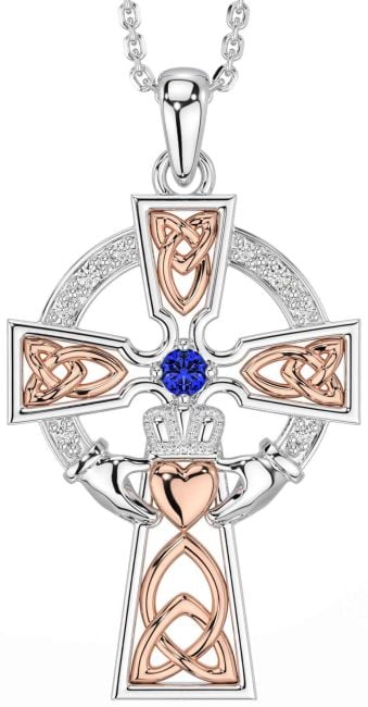 Diamond Sapphire Rose Gold Silver Claddagh Celtic Cross Necklace