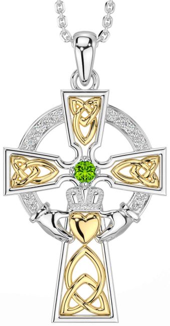 Diamond Peridot Gold Silver Claddagh Celtic Cross Necklace