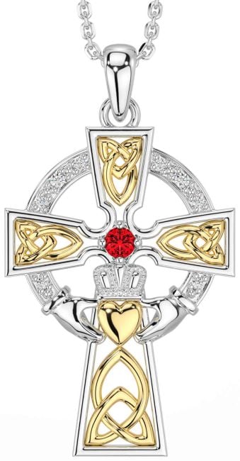 Diamond Ruby Gold Silver Claddagh Celtic Cross Necklace