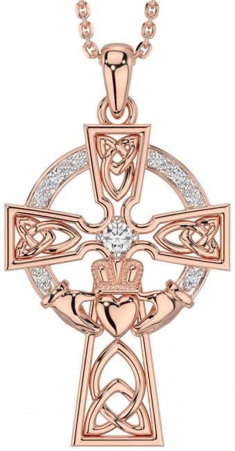 Diamond Rose Gold Silver Claddagh Celtic Cross Necklace
