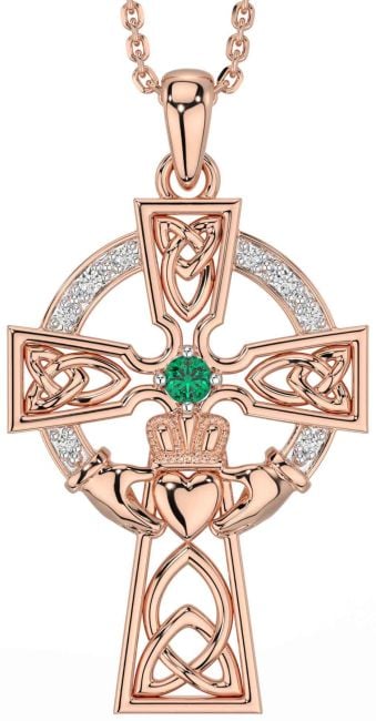 Diamond Emerald Rose Gold Silver Claddagh Celtic Cross Necklace