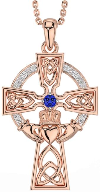 Diamond Sapphire Rose Gold Silver Claddagh Celtic Cross Necklace