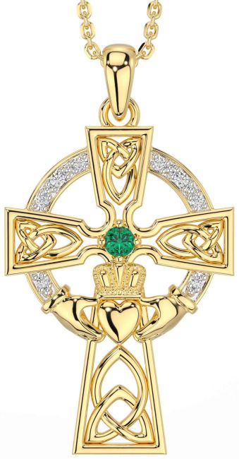 Diamond Emerald Gold Silver Claddagh Celtic Cross Necklace