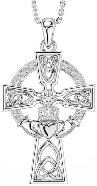 Diamond Silver Claddagh Celtic Cross Necklace