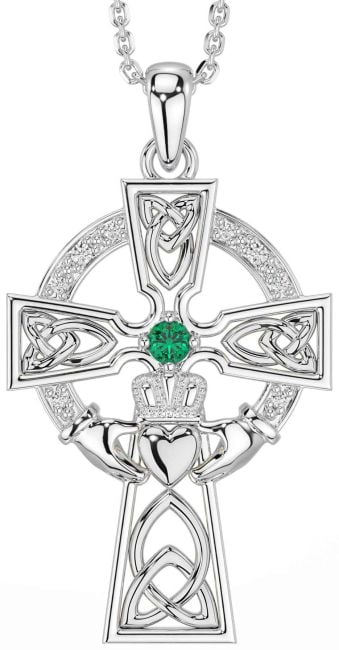 Diamond Emerald Silver Claddagh Celtic Cross Necklace