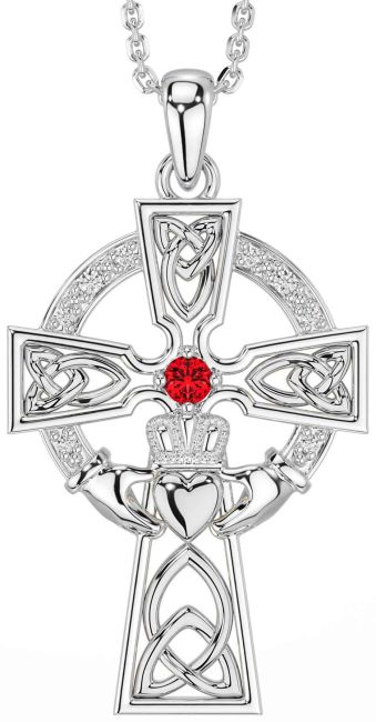 Diamond Ruby Silver Claddagh Celtic Cross Necklace