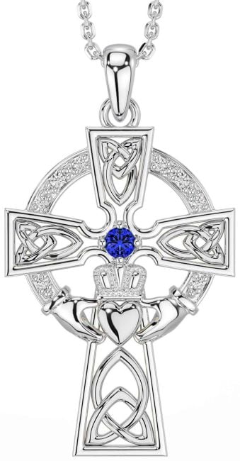 Diamond Sapphire Silver Claddagh Celtic Cross Necklace