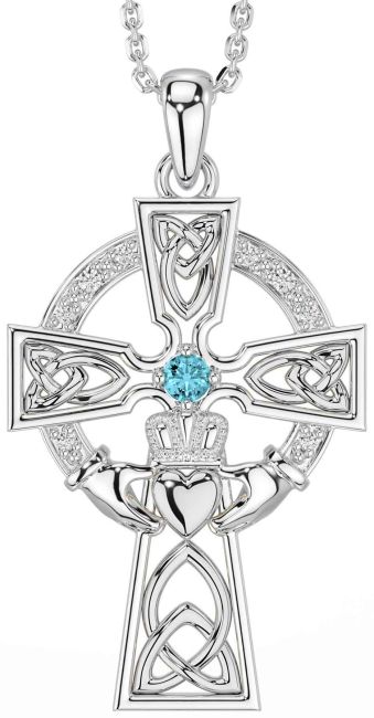 Diamond Aquamarine White Gold Claddagh Celtic Cross Necklace