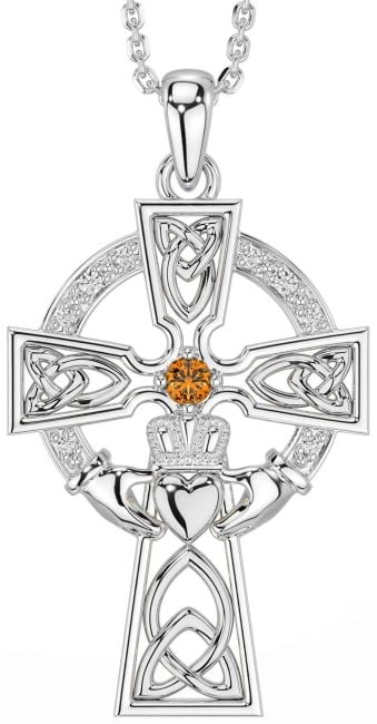 Diamond Citrine White Gold Claddagh Celtic Cross Necklace