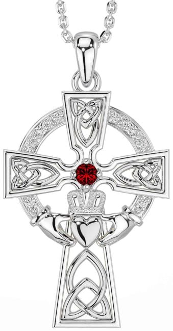 Diamond Garnet White Gold Claddagh Celtic Cross Necklace