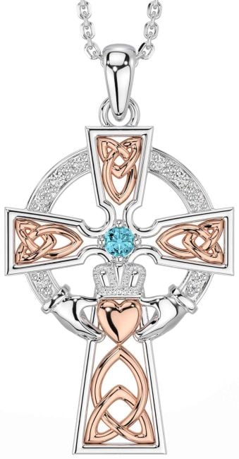 Diamond Aquamarine White Rose Gold Claddagh Celtic Cross Necklace