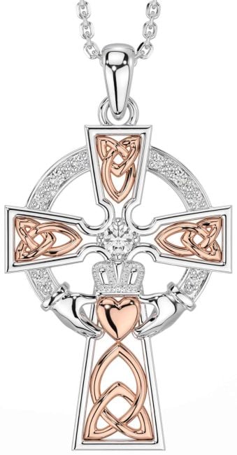 Diamond White Rose Gold Claddagh Celtic Cross Necklace