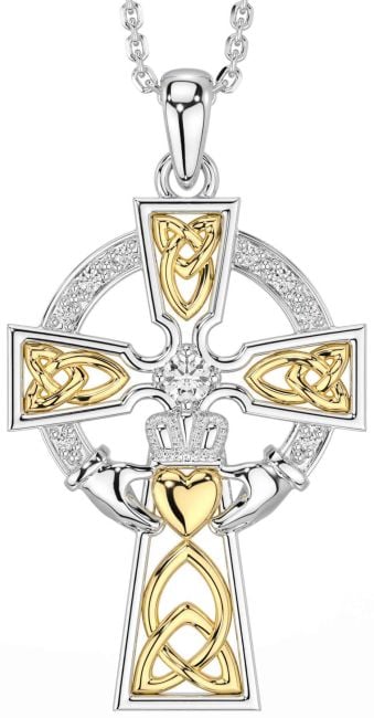 Diamond White Yellow Gold Claddagh Celtic Cross Necklace