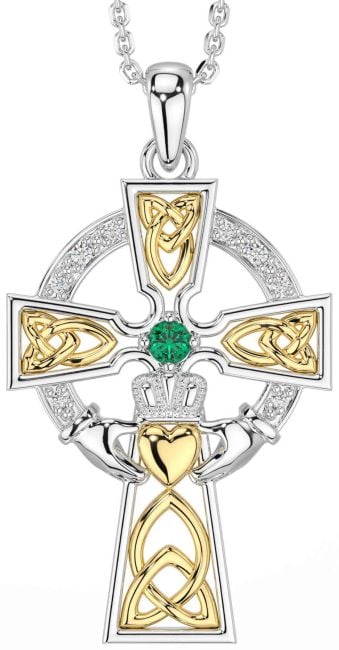 Diamant Smaragd Vit Gul Guld Claddagh Keltiskt Korsa Halsband