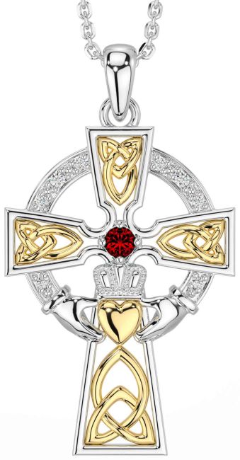 Diamond Garnet White Yellow Gold Claddagh Celtic Cross Necklace