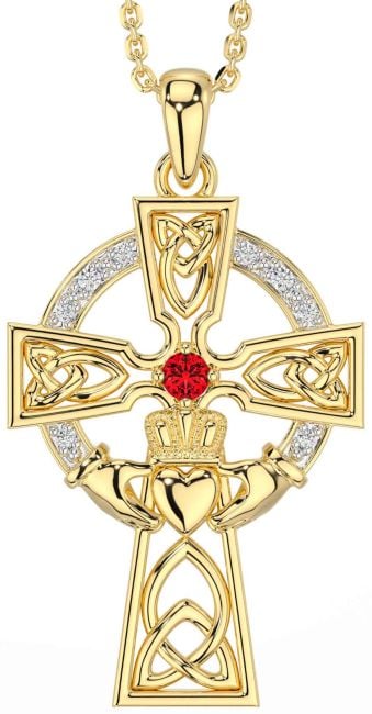 Diamond Ruby Gold Claddagh Celtic Cross Necklace