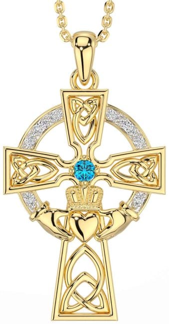 Diamond Topaz Gold Claddagh Celtic Cross Necklace