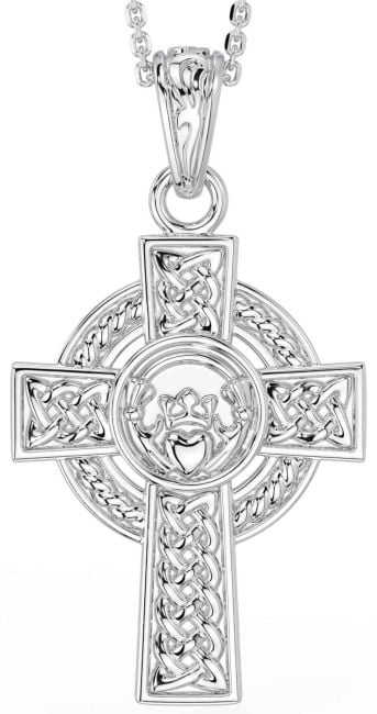 White Gold Celtic Cross Claddagh Necklace