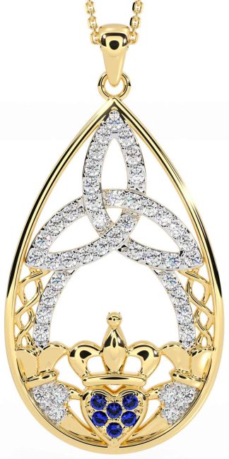 Diamond Sapphire Gold Silver Claddagh Celtic Trinity Knot Necklace