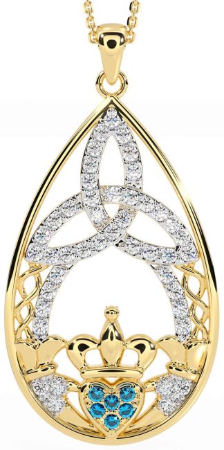 Diamond Topaz Gold Silver Claddagh Celtic Trinity Knot Necklace
