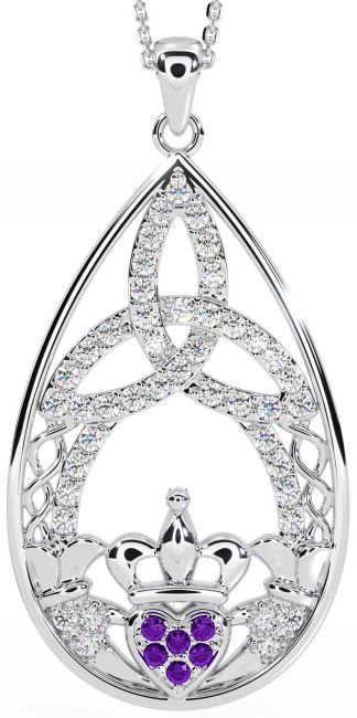 Diamond Amethyst Silver Claddagh Celtic Trinity Knot Necklace