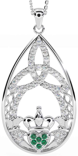 Diamond Emerald Silver Claddagh Celtic Trinity Knot Necklace