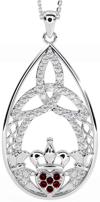 Diamond Garnet Silver Claddagh Celtic Trinity Knot Necklace